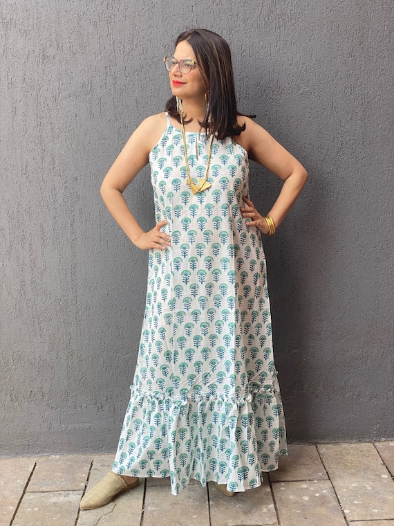 White Green Petite-Motif Hand-Blocked Printed Halter Maxi Dress | 100% Cotton Voile | Perfect Summer Dress