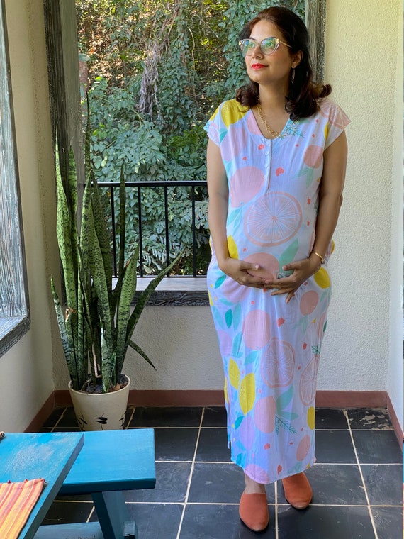 Summertime Maternity Lounge Dress | Soft Jersey Organic Cotton | House Dress | Nursing Dress | Full length Sleep Shirt with pockets