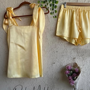 All shades of Yellow & Gold - Silk Bow Tie Knot Tank Top Style Pj Sets | Unlimited Customization: Color/Design/Size | Bridal Party Satin PJs