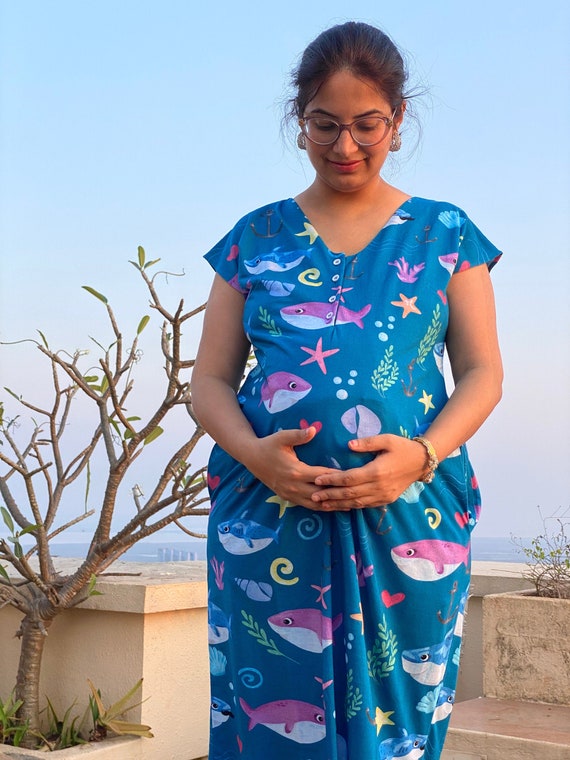 Buy Underwater Utopia Maternity Lounge Dress Soft Jersey Organic Cotton  House Dress Nursing Dress Full Length Sleep Shirt With Pockets Online in  India 
