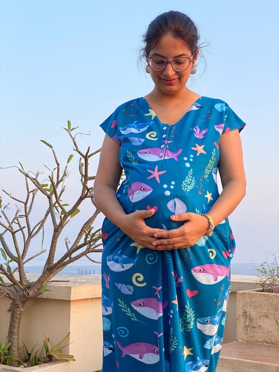Underwater Utopia Maternity Lounge Dress | Soft Jersey Organic Cotton | House Dress | Nursing Dress | Full length Sleep Shirt with pockets