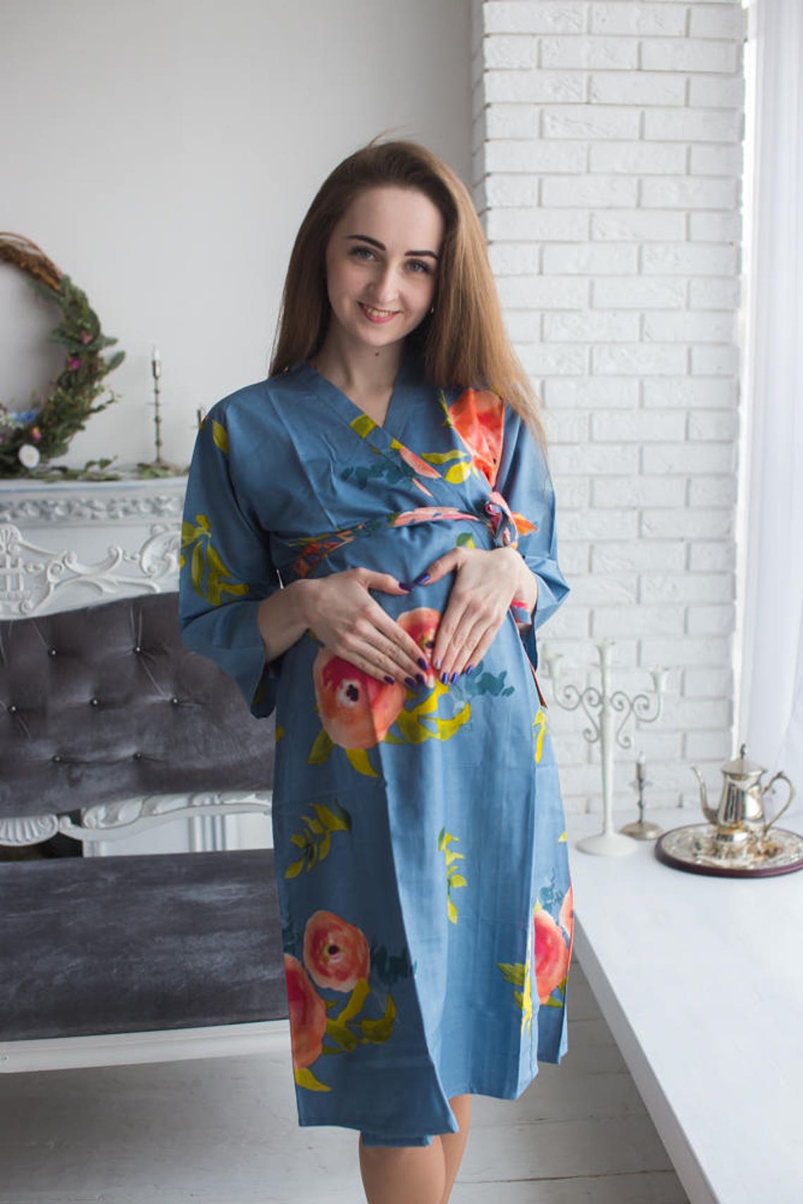 Moms in Premium Dusty Blue Soft Rayon, Maternity Robe, Delivery Robe ...