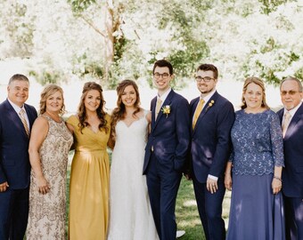gold bridesmaid dresses and navy suits Navy Illusion Neck Long Satin Bridesmaid Dresses with Sheer Champagne Lace  Top