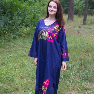 The Unwind Kaftan Style in Big Butterfly pattern in Dark Blue Color Bohemian Caftan, Perfect for Loungewear, Beach Cover up image 3