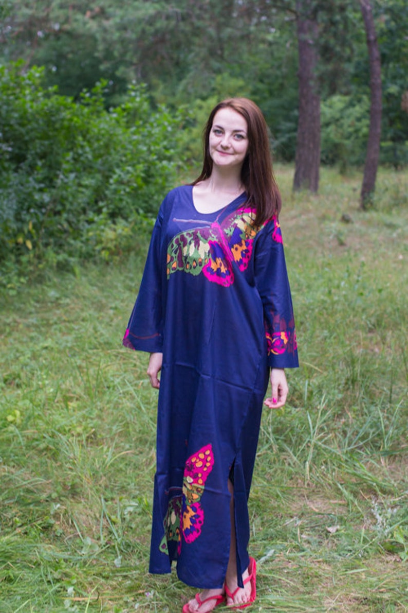 The Unwind Kaftan Style in Big Butterfly pattern in Dark Blue Color Bohemian Caftan, Perfect for Loungewear, Beach Cover up image 3