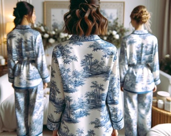 Willow Breeze Memoirs Pjs - Chinoiserie Pjs | Oriental Porcelain Inspired Blue and White Pattern - Bridesmaids Getting Ready Outfits