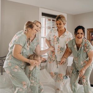 Dusty Sage Bridesmaids Pjs - Notched Collar Style Pj Sets in Dreamy Angel Song Pattern - Bridesmaids Pjs, Bridal Party Pjs - Grayed Jade Pjs
