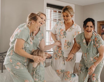 Dusty Sage Bridesmaids Pjs - Notched Collar Style Pj Sets in Dreamy Angel Song Pattern - Bridesmaids Pjs, Bridal Party Pjs