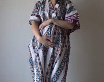 Cream Wine Aztec Front Buttoned Hospital Gown Delivery Kaftan Perfect as labor delivery gown nursing gown to be moms Baby shower photo prop