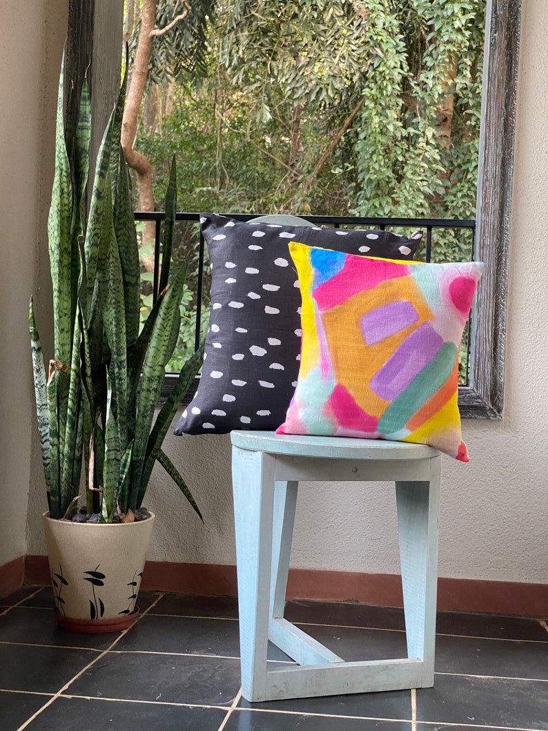 Playful Daubs Available in all sizes Polka Dots theme Black Linen Cushion Cover Linen Pillow Cases Home Decor Linen Cushion Case