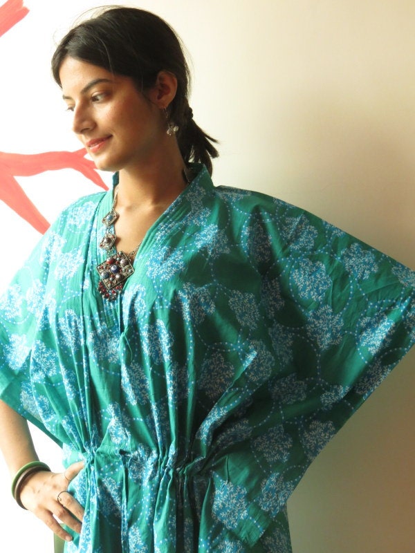 Blaugrün Kreis Blumen Kaftan - Pyjama zum Leben, Bademode Kaftan, Spa Robe ...
