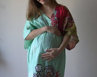 Mint Flowers on Shrubs Buttoned Empire Waist Dress Butterfly Sleeve Maternity Kaftan Maxi Pregnancy friendly Maternity Maxis Nursing Caftan