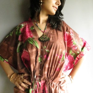 Light Brown Fuchsia Floral Nursing Kaftan Perfect as loungewear, as beachwear, gift for moms and to be moms and more image 1