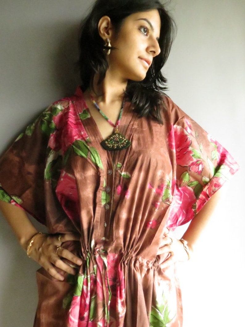 Light Brown Fuchsia Floral Nursing Kaftan Perfect as loungewear, as beachwear, gift for moms and to be moms and more image 1