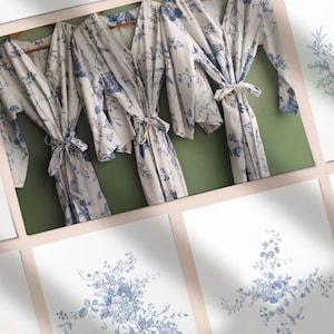 Chinoiserie Chic. Hand-drawn Oriental Porcelain Inspired Blue and White Pattern Robes / Pjs / Rompers Bridesmaids Getting Ready Outfits image 10