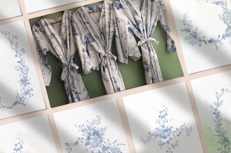 Chinoiserie Chic. Hand-drawn Oriental Porcelain Inspired Blue and White Pattern Robes / Pjs / Rompers Bridesmaids Getting Ready Outfits image 10