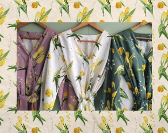 Sunny Yellow Tulips - Hand-drawn Watercolor Yellow Tulips Pattern - Robes/ Pjs /Rompers - Bridesmaids Getting Ready Outfits