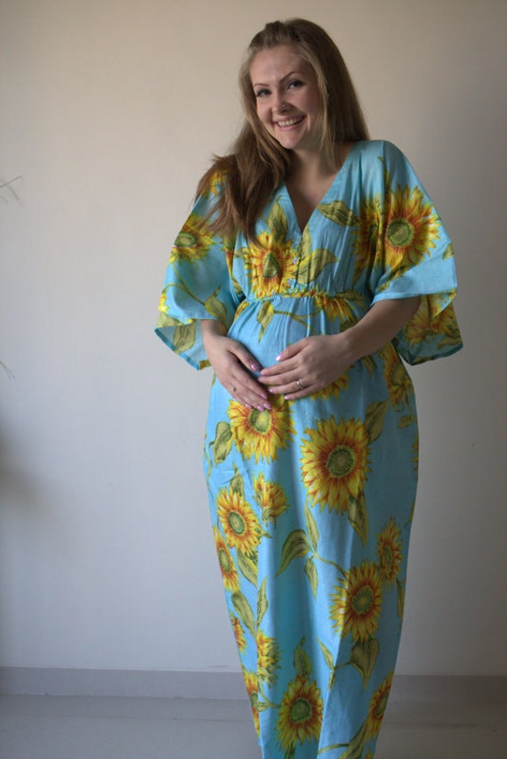 Light Blue Sunflower Empire Waist Dress Butterfly Sleeve Maternity 