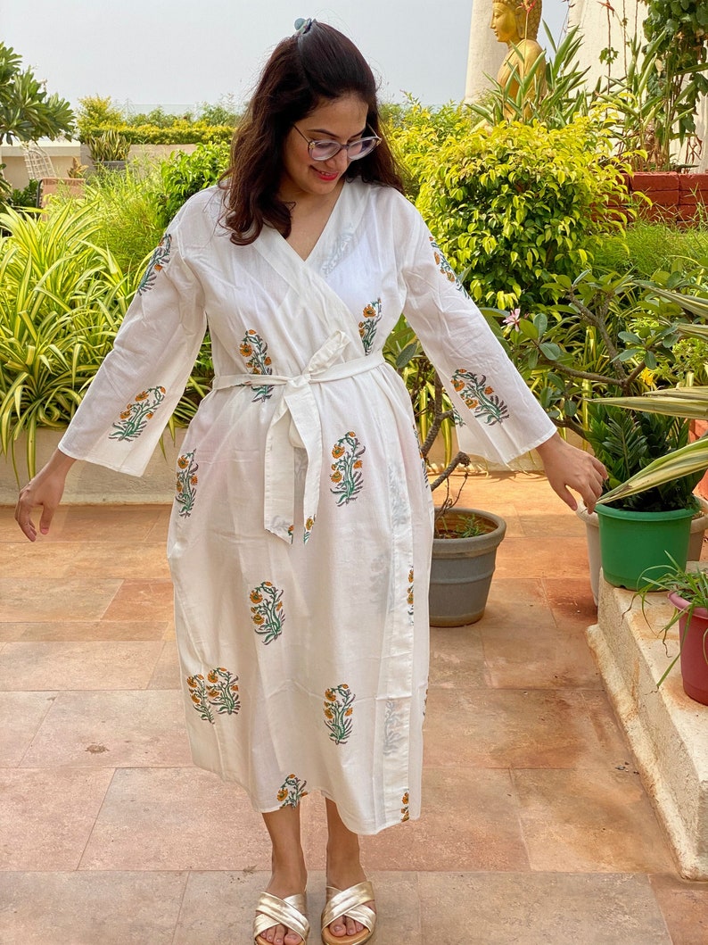 White Mustard Floral Motif Hand-blocked Printed Robe | 100% Cotton ...