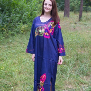 The Unwind Kaftan Style in Big Butterfly pattern in Dark Blue Color Bohemian Caftan, Perfect for Loungewear, Beach Cover up image 4
