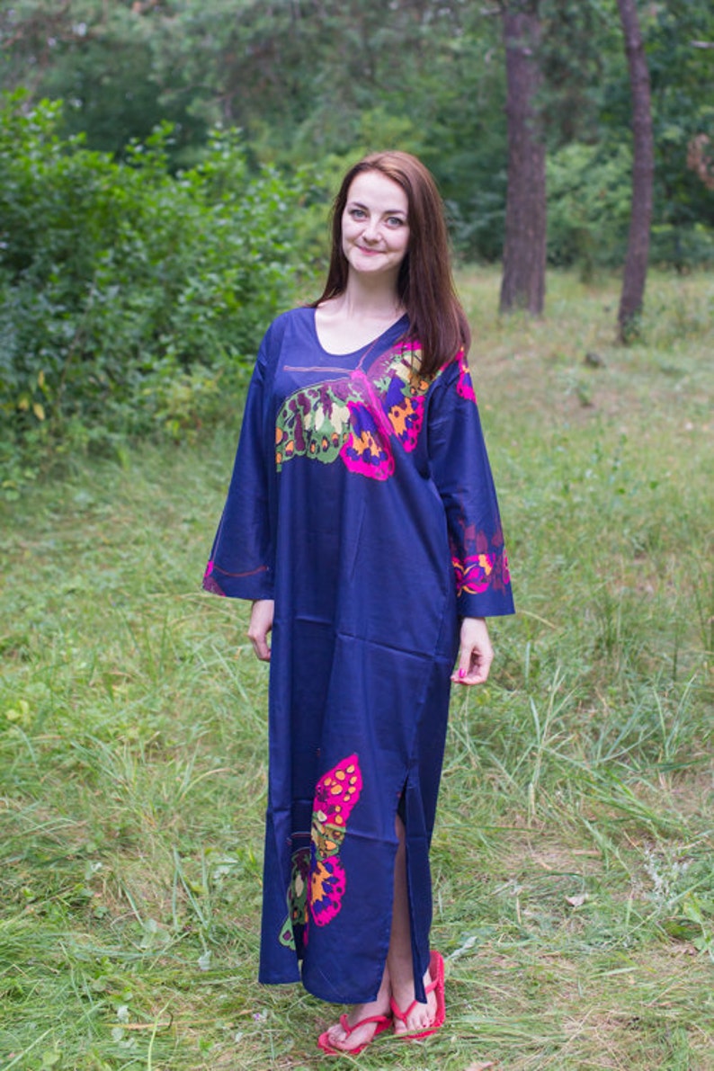 The Unwind Kaftan Style in Big Butterfly pattern in Dark Blue Color Bohemian Caftan, Perfect for Loungewear, Beach Cover up image 4