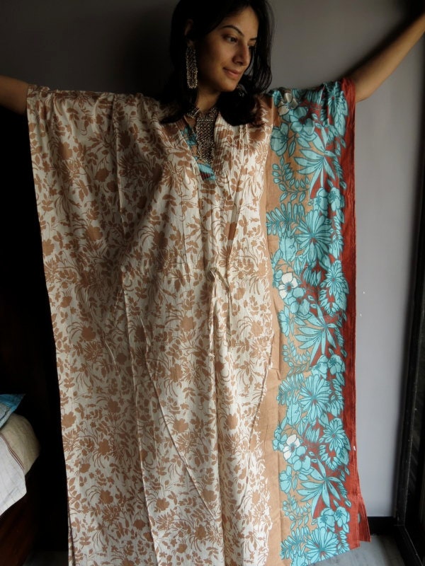 Cream With Brown Turquoise Hostess Gown Long Dress Kaftan - Etsy