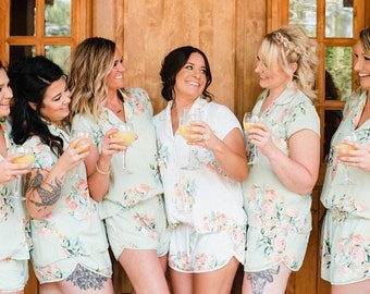 Soft Mint - Notched Collar Style Pj Sets in Angel Song Pattern - Bridesmaids Pjs