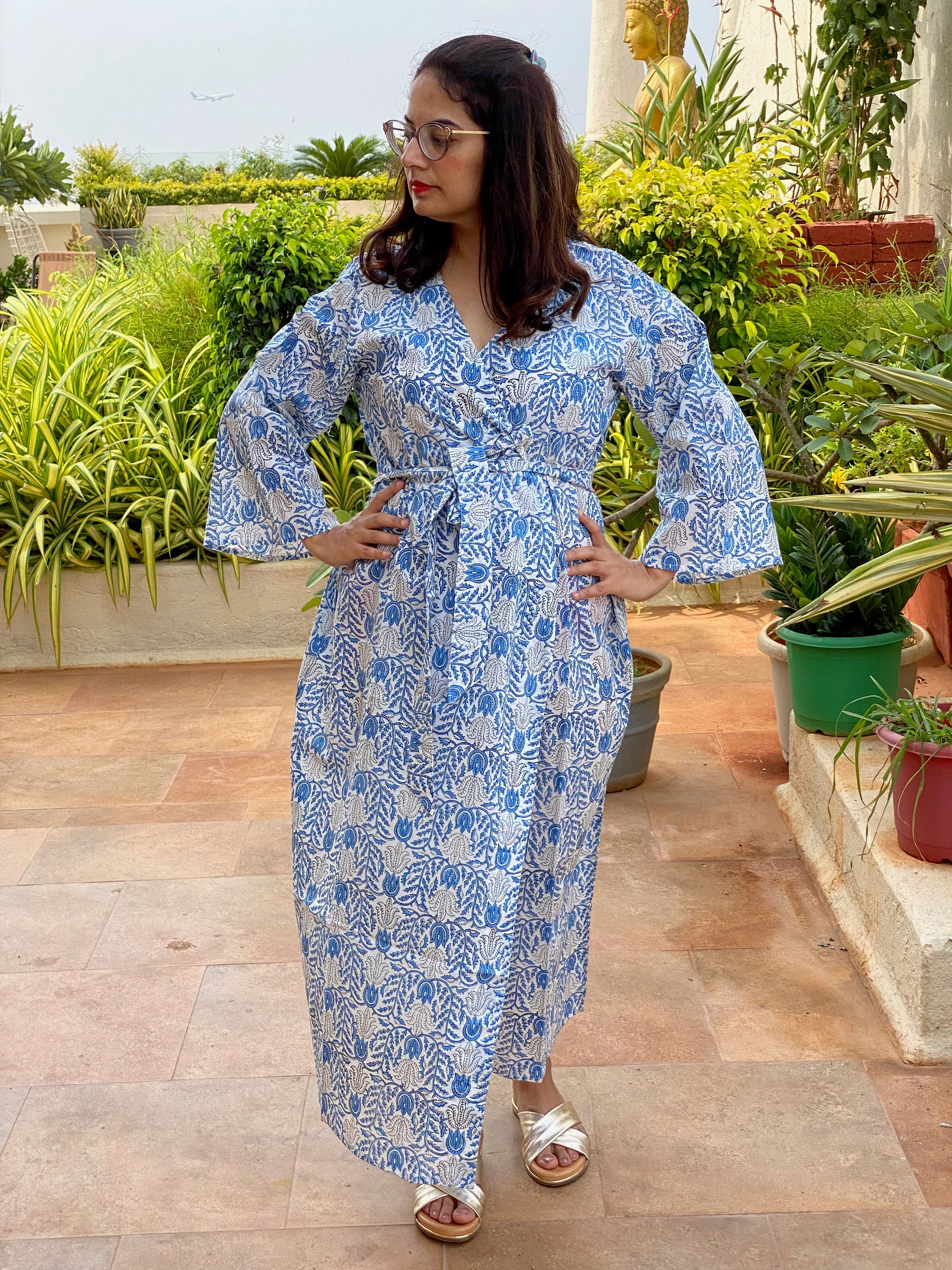 Blue Floral Motif Hand-blocked Printed Robe | 100% Cotton Voile ...