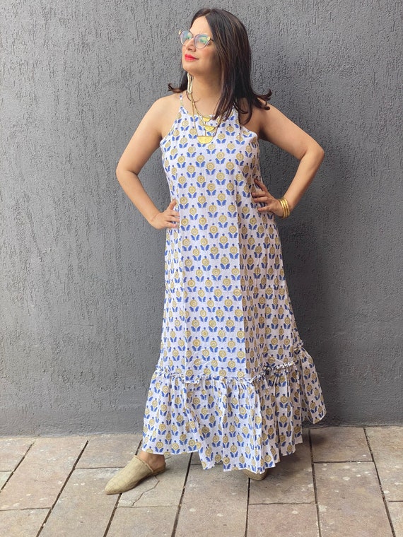petite halter summer dresses White-Gold Petite-Floral Motif Hand-Blocked Printed Maxi Dress | 100% Cotton Voile turtle neck dresses
