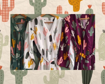 Happy Cactus - Hand-drawn Cactus Pattern - Robes / Pjs / Rompers - Bridesmaids Getting Ready Outfits