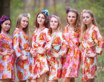 Floral Posy Silk Bridesmaids robes | Kimono Style getting ready robes, Satin Robes, Bridesmaids gifts, Bridesmaid Robes, Silky Robes