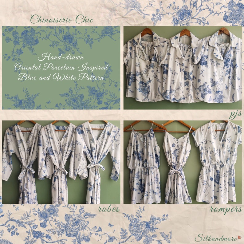 Chinoiserie Chic. Hand-drawn Oriental Porcelain Inspired Blue and White Pattern Robes / Pjs / Rompers Bridesmaids Getting Ready Outfits image 3