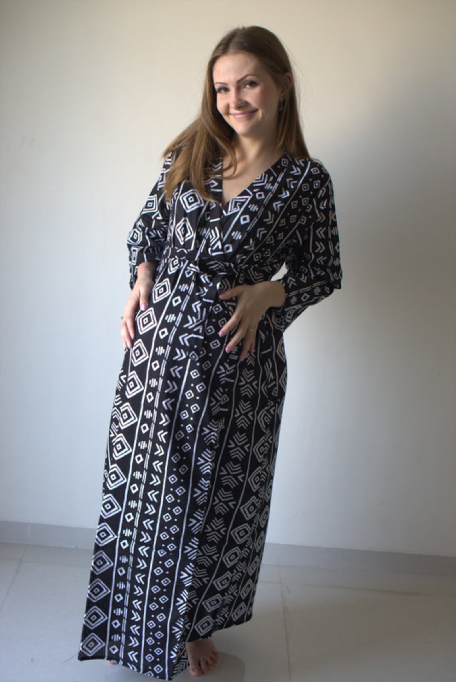Black Aztec Ankle Length Maternity Robe Hospital Gown Labor Gown ...