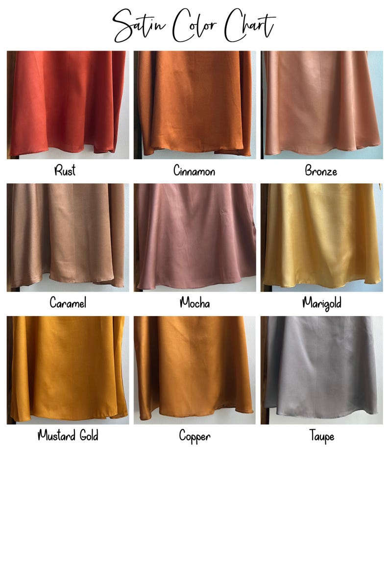 May include: A satin colour chart showing nine fabric swatches in different shades. Colours include rust, cinnamon, bronze, caramel, mocha, marigold, mustard gold, copper, and taupe. The text "Satin Colour Chart" is at the top.