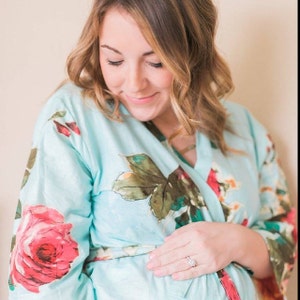 Jasnoniebieski, duży, kwiatowy szlafrok ciążowy, szlafrok szpitalny | Szlafrok porodowy, szlafrok kimono, idealny do porodu, dla matek karmiących