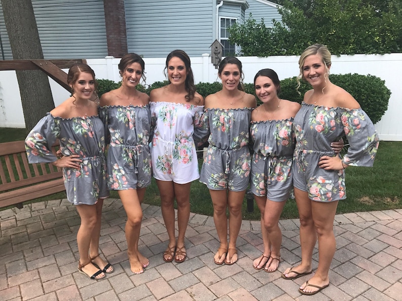 Gray Off the shoulder Rompers By Silkandmore Dreamy Angel Song pattern Bridesmaids Gifts, Bridesmaids Rompers, Bridal Party Rompers imagen 1