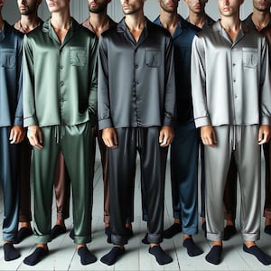 May include: A group of eight people wearing different coloured satin pyjamas. The pyjamas have a collared shirt with a button-up front and long trousers. Each shirt has a single letter embroidered on the left chest pocket.