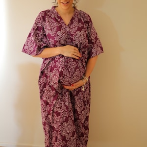 Purple Damask Front Buttoned Hospital Gown Delivery Kaftan Perfect as labor, delivery gown, nursing gown to be moms Baby shower, photo props