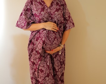 Purple Damask Front Buttoned Hospital Gown Delivery Kaftan Perfect as labor, delivery gown, nursing gown to be moms Baby shower, photo props