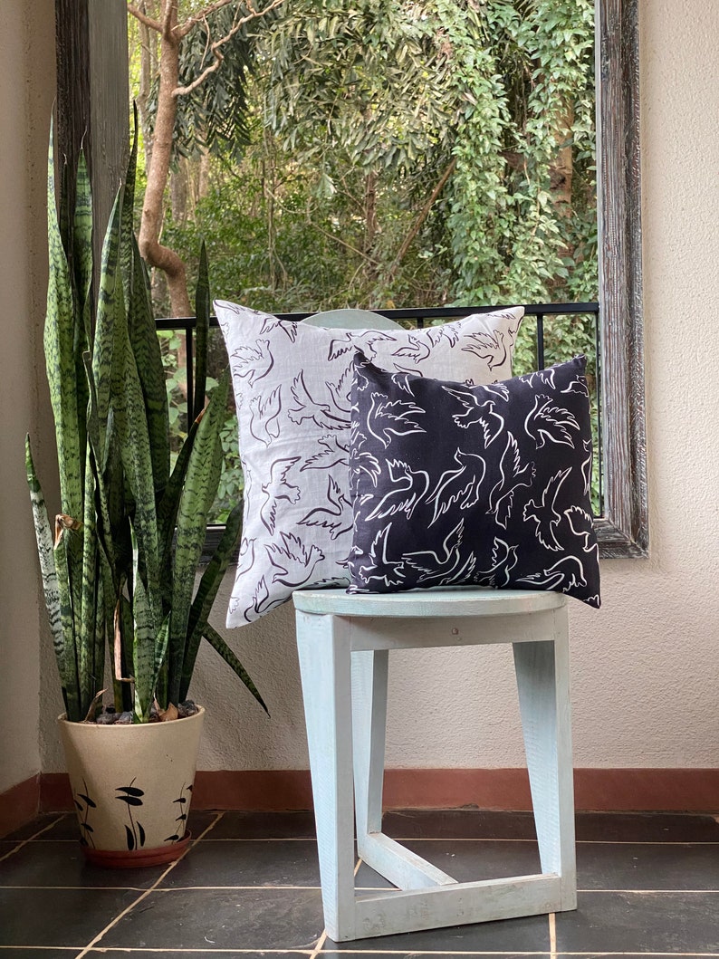 Birds theme Linen Pillow Cases Available in all sizes Linen Cushion Cases Birdie Dance White Linen Cushion Cover Home Decor