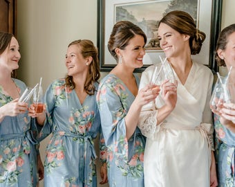 Premium Dusty Blue Bridesmaids Robes - Dreamy Angel Song Pattern - Soft Rayon Fabric - Better Design - Perfect as getting ready robes