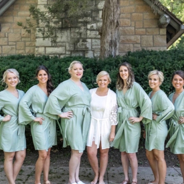 Solid Sage / Grayed Jade Bridesmaids Robe Sets Kimono Crossover Robe. Bridesmaids gifts. Getting ready robes. Bridal Party Robes Plain Robes