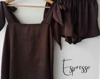 All shades of Brown Silk Tie Knot Tank Style Pj Sets | Unlimited Customization: Color/Design/Size | Bridal Party Satin PJs - Espresso Sets