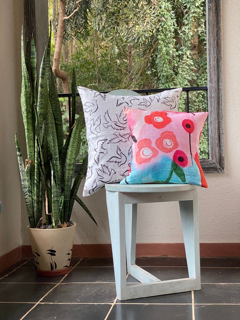 Birds theme Linen Pillow Cases Available in all sizes Linen Cushion Cases Birdie Dance White Linen Cushion Cover Home Decor