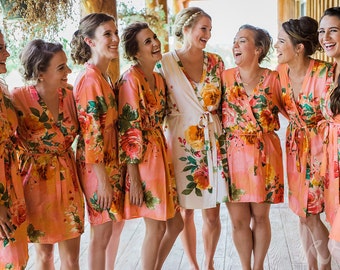 Coral Large Floral Blossom Bridesmaids Robe Sets | Kimono Robes. Bridesmaids gifts. Getting ready robes. Bridal Party Robes. Dressing Gowns