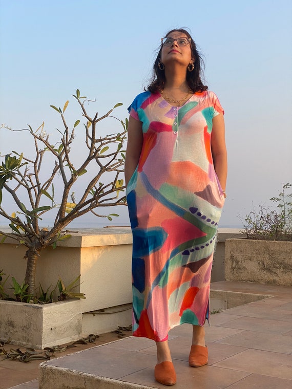 organic cotton house dress Whimsy Strokes Lounge Dress | Oversized Dress | Jersey Organic Cotton | House Dress | Full length Sleep Shirt & pockets