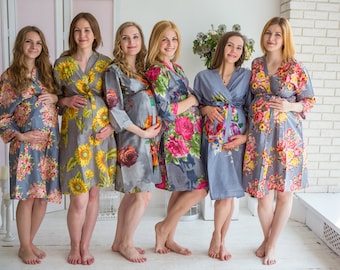 Moms in Gray Floral Patterns, Maternity Robe, Delivery Robe, Labor Gown, Hospital Gown, Baby Shower Gift, Nursing Gown, Pregnancy Robe