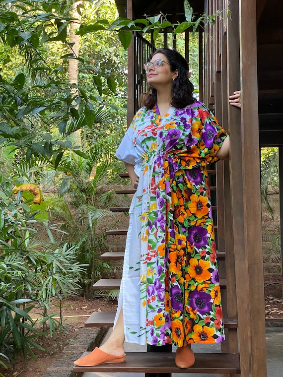 Floral Leafy Bordered Caftan - Softest Cotton Free Flowing