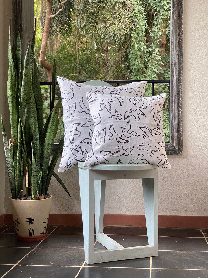 Birds theme Linen Pillow Cases Available in all sizes Linen Cushion Cases Birdie Dance White Linen Cushion Cover Home Decor