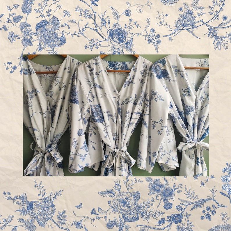 Chinoiserie Chic. Hand-drawn Oriental Porcelain Inspired Blue and White Pattern Robes / Pjs / Rompers Bridesmaids Getting Ready Outfits image 6